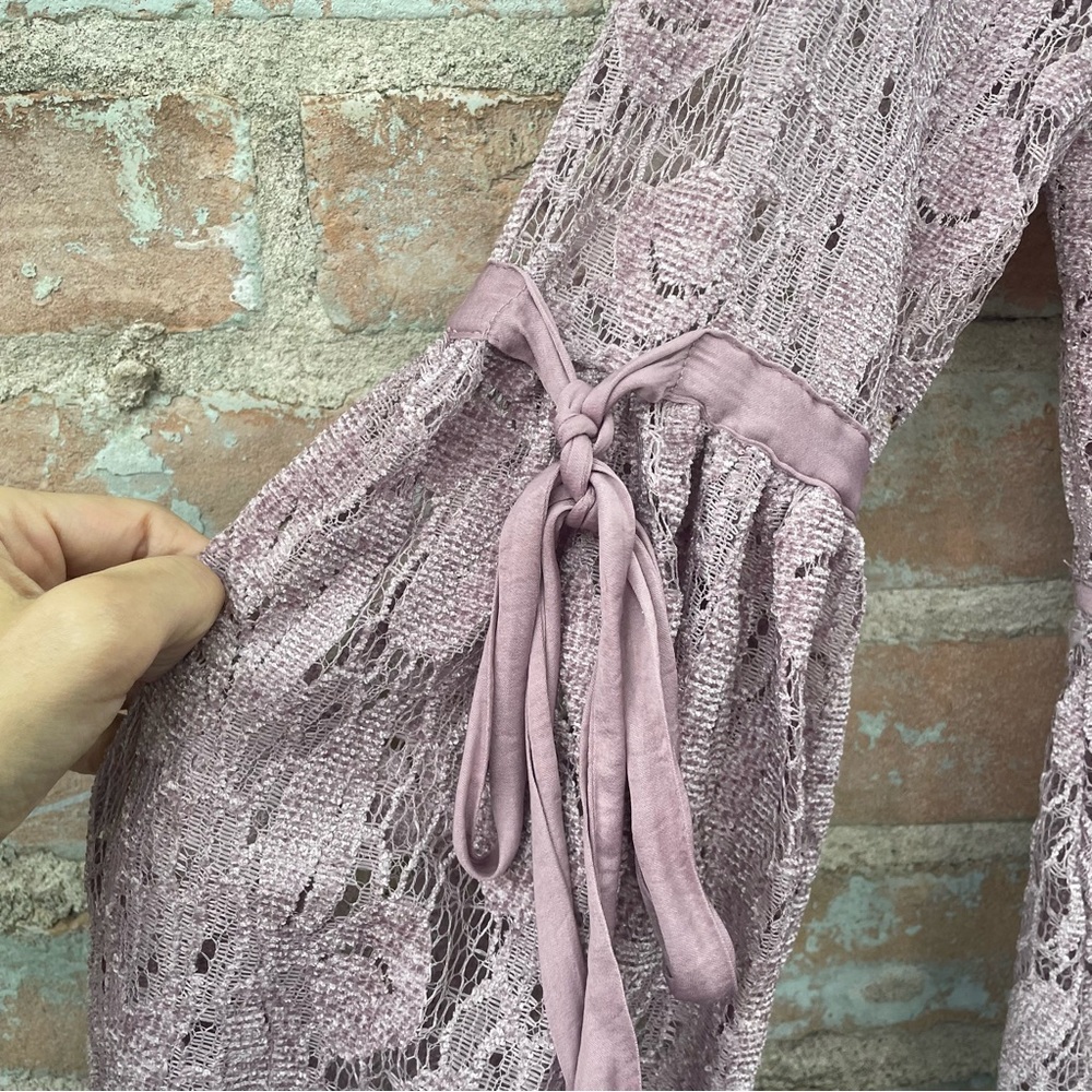 Free People Dress Ruby Mini Babydoll Lilac Pink Lace Sheer Boho Balloon Sleeve - Picture 7 of 13